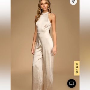 Lulu’s Champagne Satin Tie-Back Wide-Leg Jumpsuit